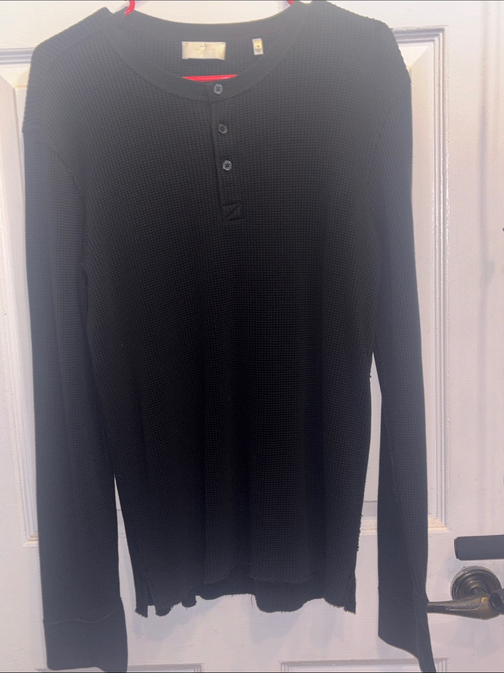 7 For All Mankind Black Waffle Henley Long-Sleeve Shirt